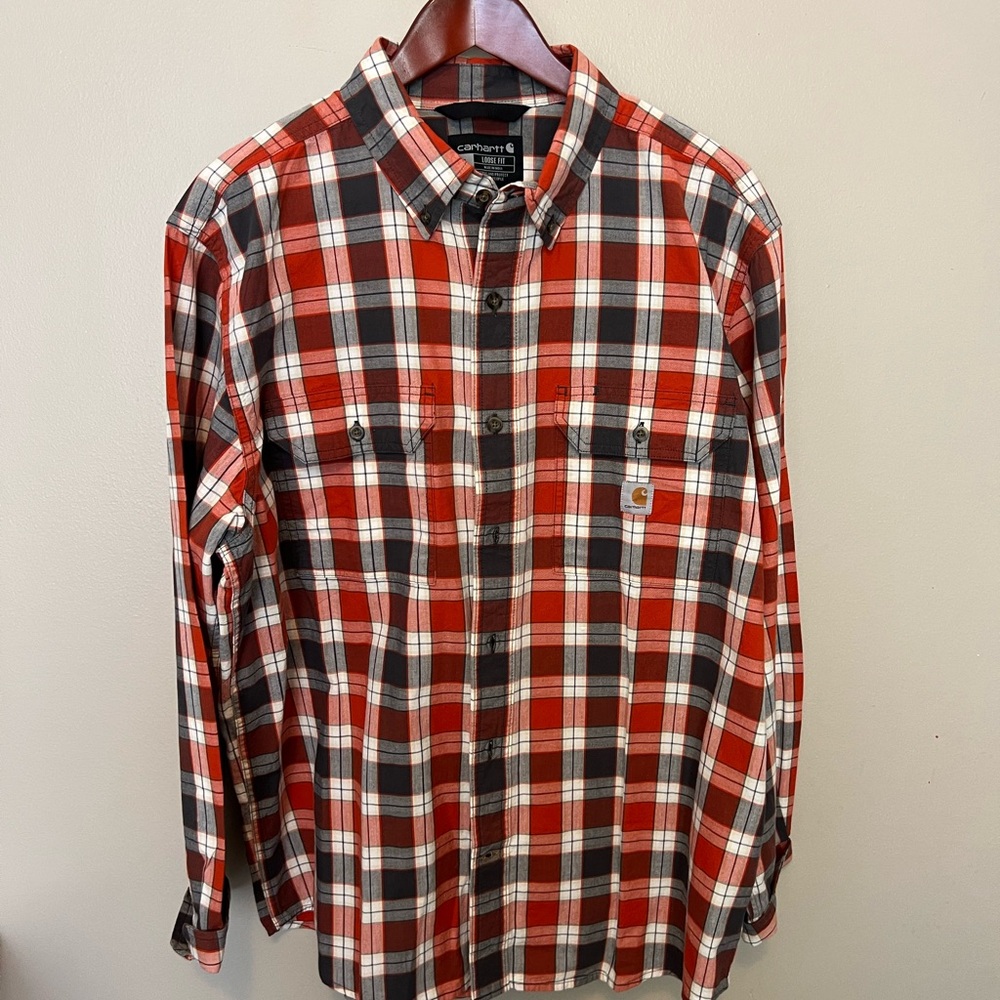 Carhart Men's orange black woven plaid button down Shirt Loose fit‎ tailgate